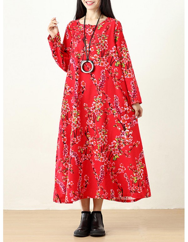 Plus Size Vintage Women Floral Printed Maxi Dress