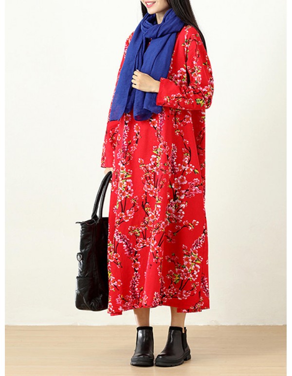 Plus Size Vintage Women Floral Printed Maxi Dress