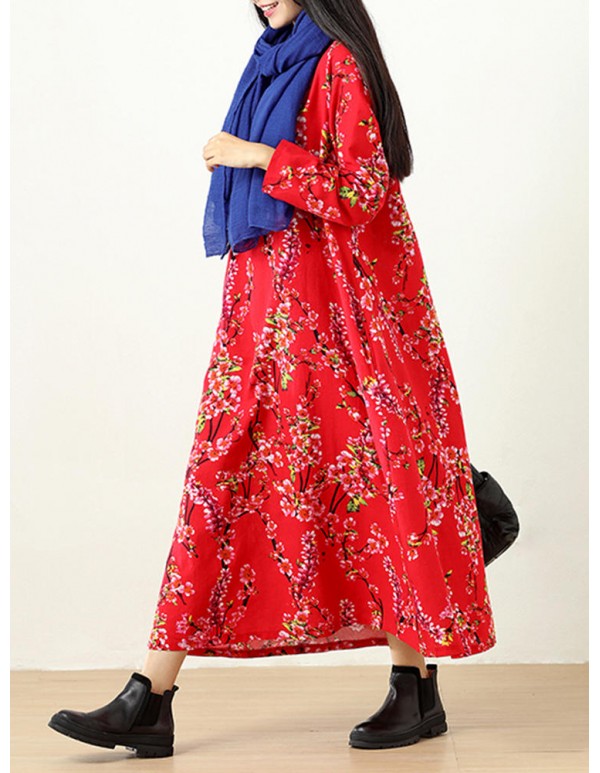 Plus Size Vintage Women Floral Printed Maxi Dress