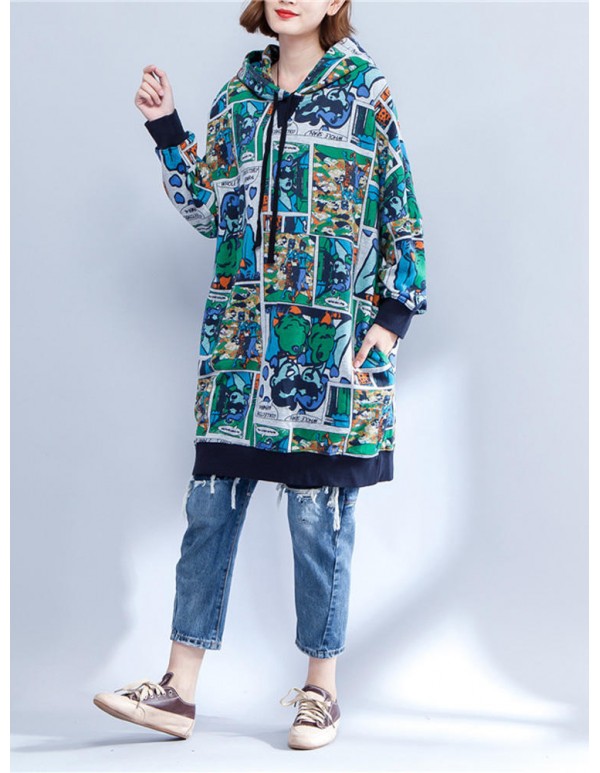 Plus Size Women Cartoon Pattern Long Sleeve Hooded Dress