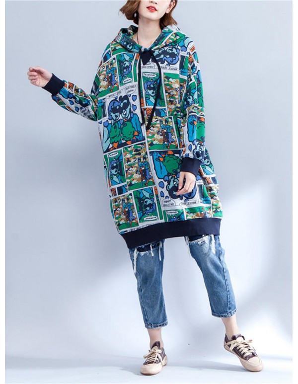 Plus Size Women Cartoon Pattern Long Sleeve Hooded Dress
