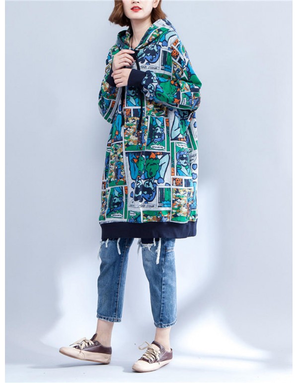 Plus Size Women Cartoon Pattern Long Sleeve Hooded Dress