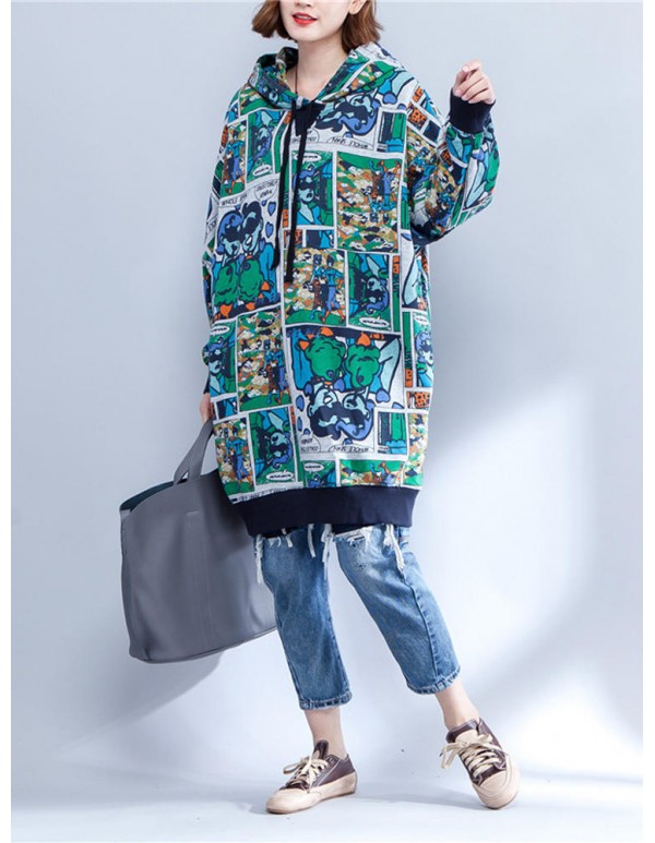 Plus Size Women Cartoon Pattern Long Sleeve Hooded Dress