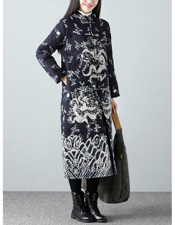 Warm Winter Robe Flower Long Coat Linen Thin Cotton Jacket for Women