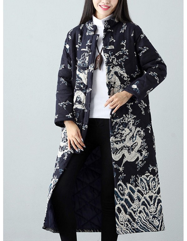 Warm Winter Robe Flower Long Coat Linen Thin Cotton Jacket for Women