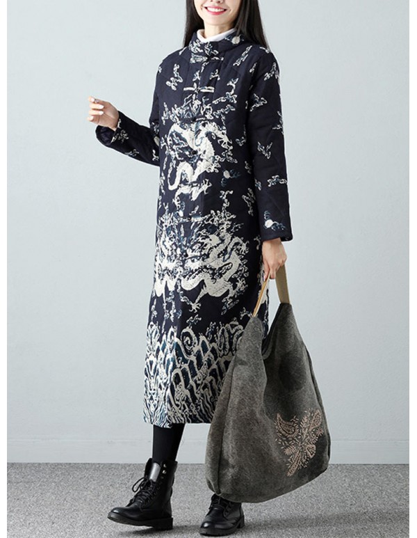 Warm Winter Robe Flower Long Coat Linen Thin Cotton Jacket for Women
