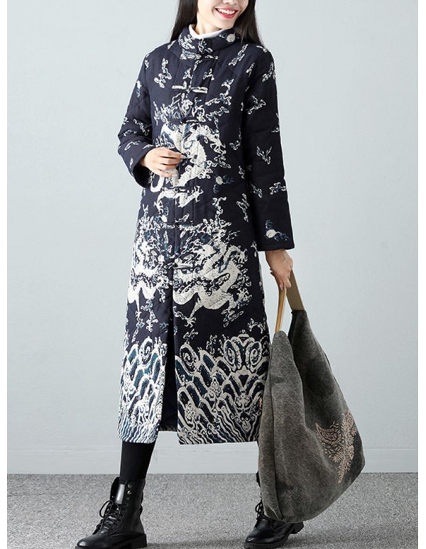 Warm Winter Robe Flower Long Coat Linen Thin Cotton Jacket for Women