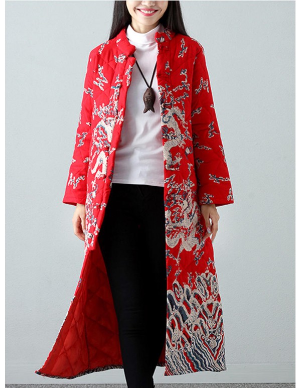 Warm Winter Robe Flower Long Coat Linen Thin Cotton Jacket for Women