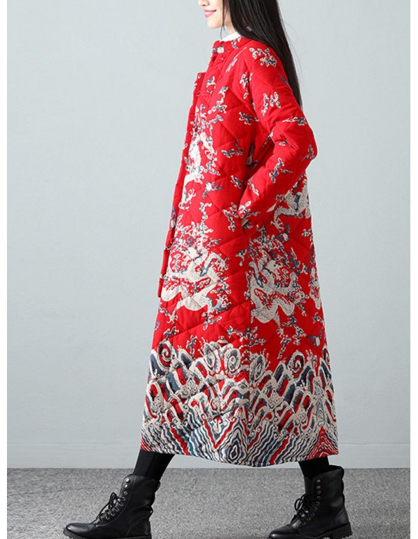 Warm Winter Robe Flower Long Coat Linen Thin Cotton Jacket for Women