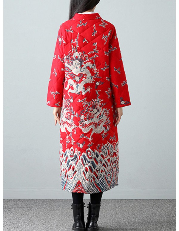 Warm Winter Robe Flower Long Coat Linen Thin Cotton Jacket for Women