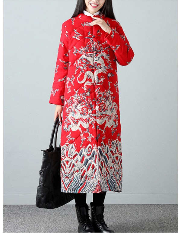 Warm Winter Robe Flower Long Coat Linen Thin Cotton Jacket for Women