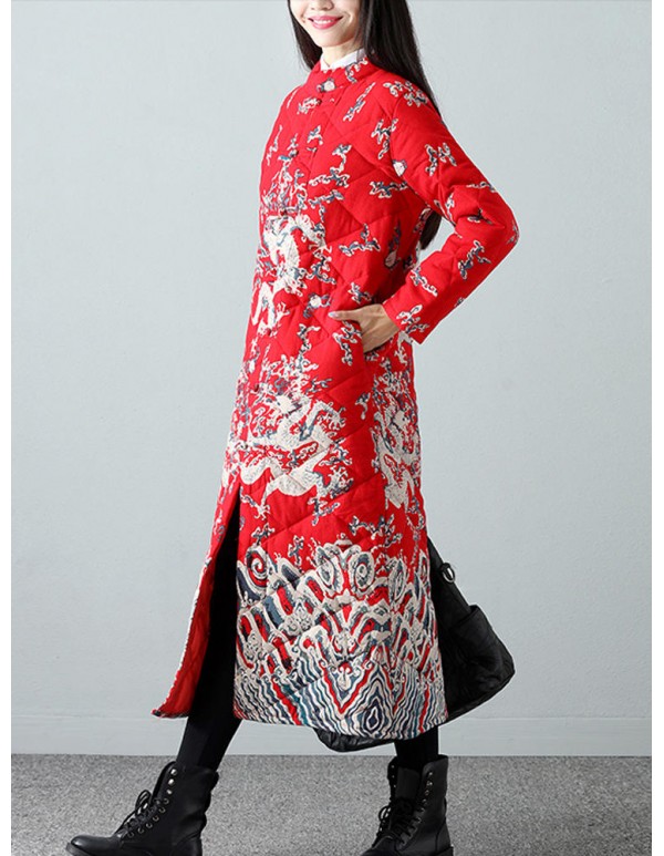 Warm Winter Robe Flower Long Coat Linen Thin Cotton Jacket for Women