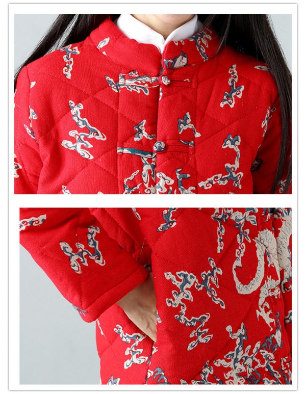 Warm Winter Robe Flower Long Coat Linen Thin Cotton Jacket for Women