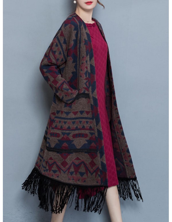 Vintage Women Geometric Printing Tassel Cardigans