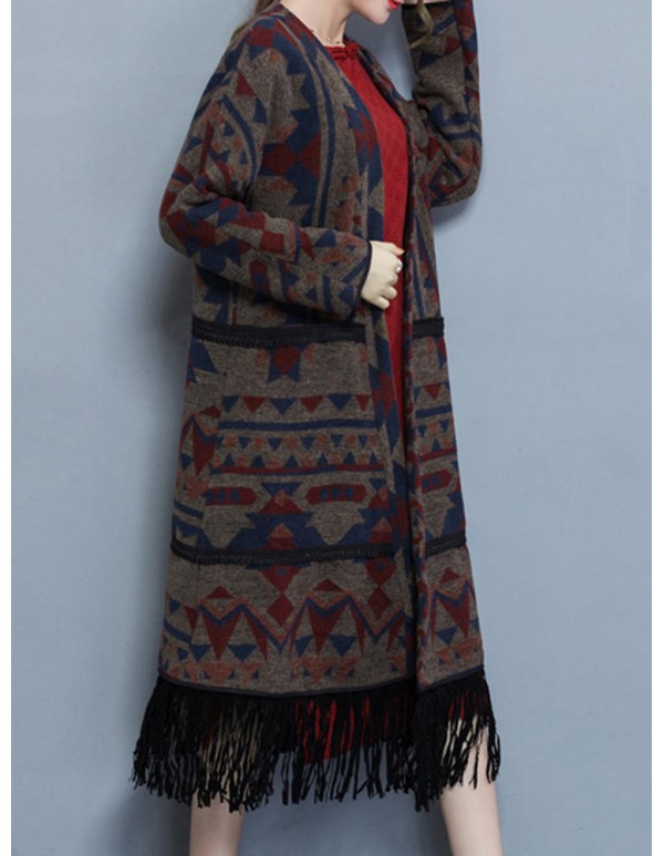 Vintage Women Geometric Printing Tassel Cardigans