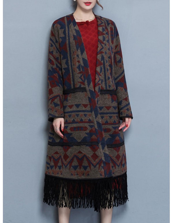 Vintage Women Geometric Printing Tassel Cardigans