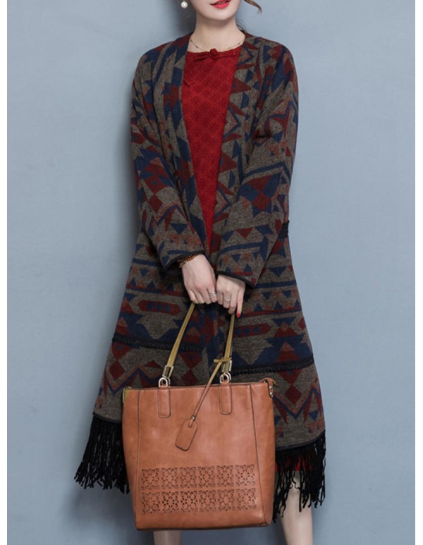 Vintage Women Geometric Printing Tassel Cardigans