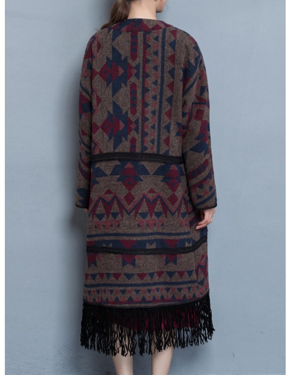 Vintage Women Geometric Printing Tassel Cardigans