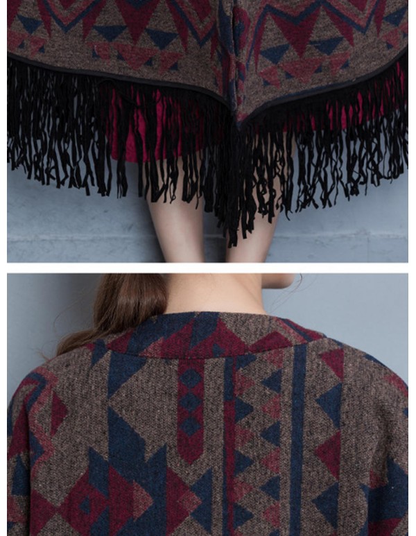 Vintage Women Geometric Printing Tassel Cardigans