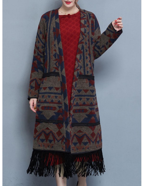 Vintage Women Geometric Printing Tassel Cardigans