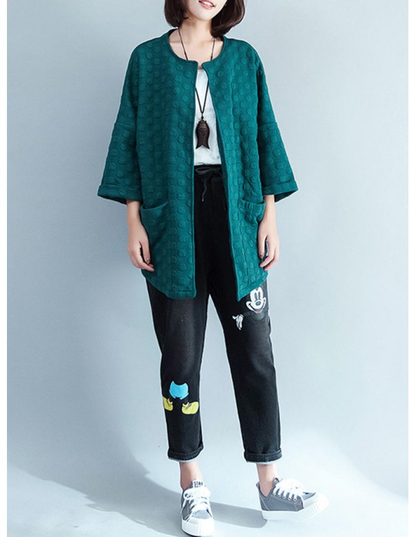 Women Polka Dot Pocket Loose Coat