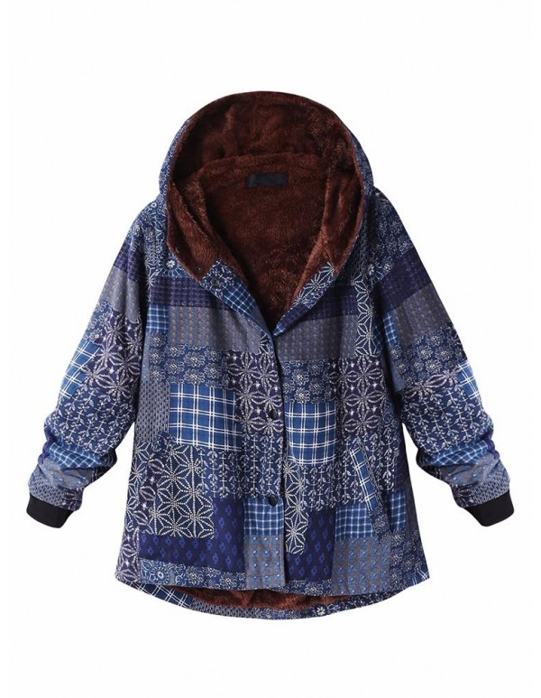 L-5XL Thicken Warm Coats Women Block Print Hooded Fleece Coat