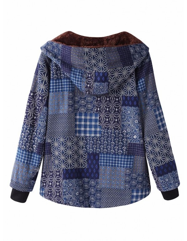 L-5XL Thicken Warm Coats Women Block Print Hooded Fleece Coat
