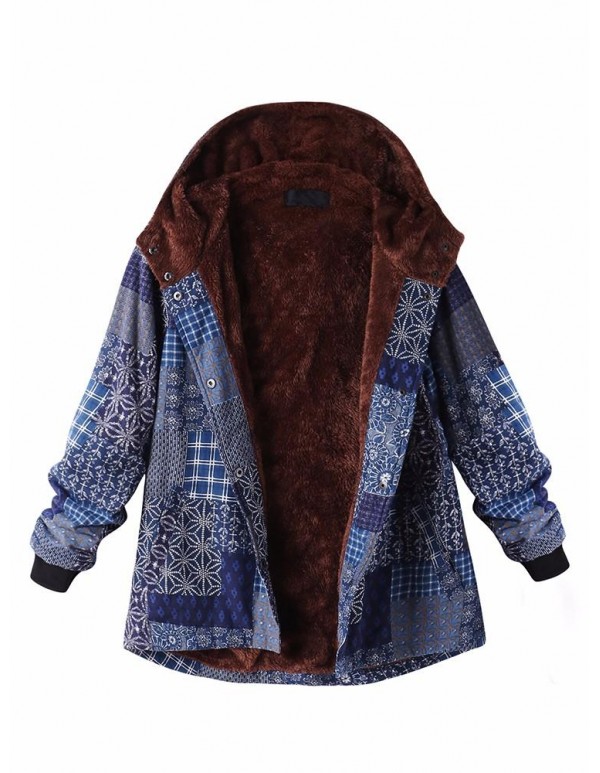 L-5XL Thicken Warm Coats Women Block Print Hooded Fleece Coat