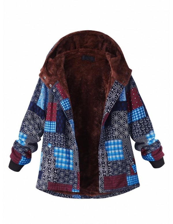 L-5XL Thicken Warm Coats Women Block Print Hooded Fleece Coat