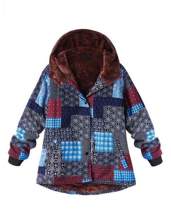L-5XL Thicken Warm Coats Women Block Print Hooded Fleece Coat