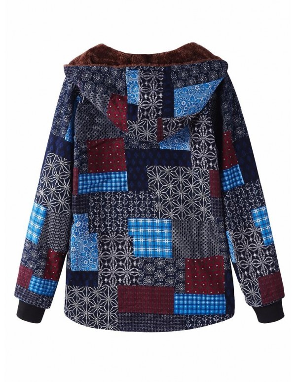 L-5XL Thicken Warm Coats Women Block Print Hooded Fleece Coat