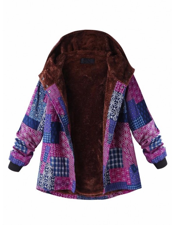 L-5XL Thicken Warm Coats Women Block Print Hooded Fleece Coat
