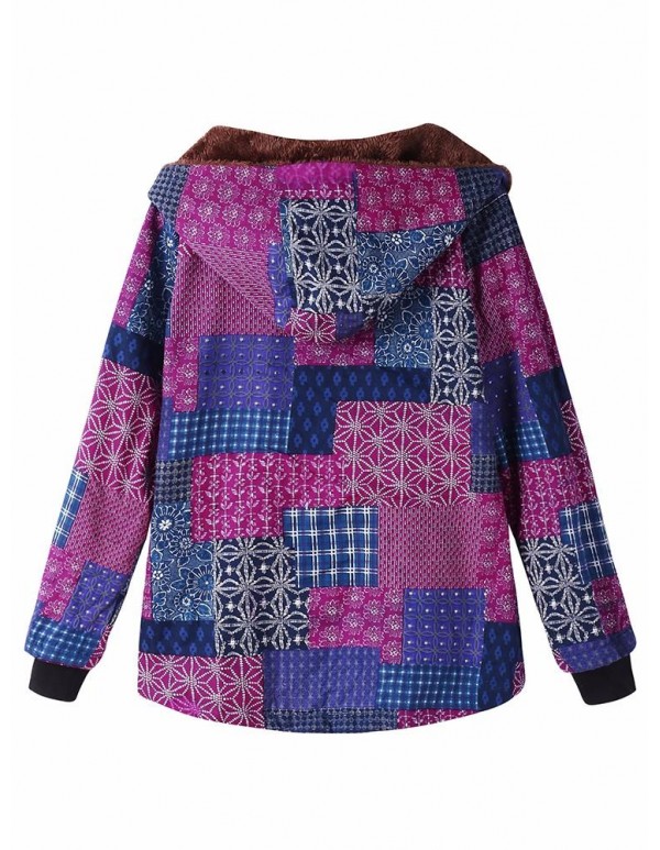 L-5XL Thicken Warm Coats Women Block Print Hooded Fleece Coat