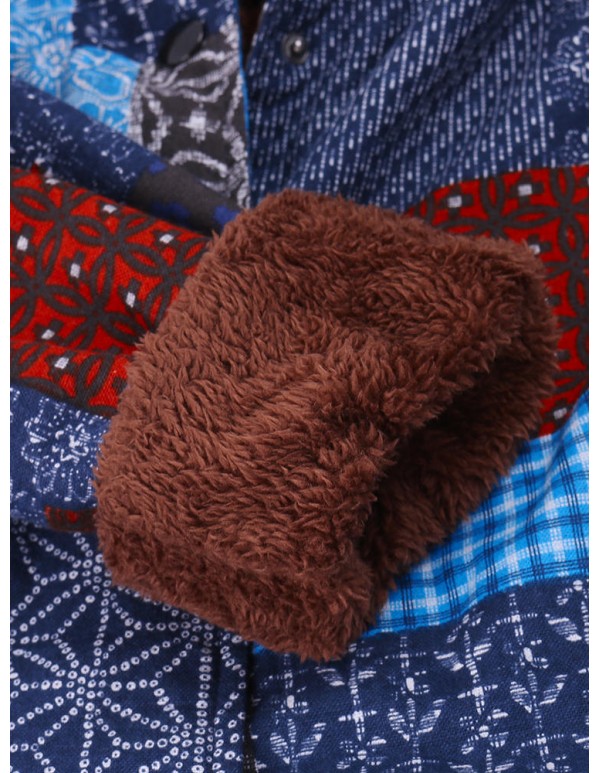 L-5XL Thicken Warm Coats Women Block Print Hooded Fleece Coat