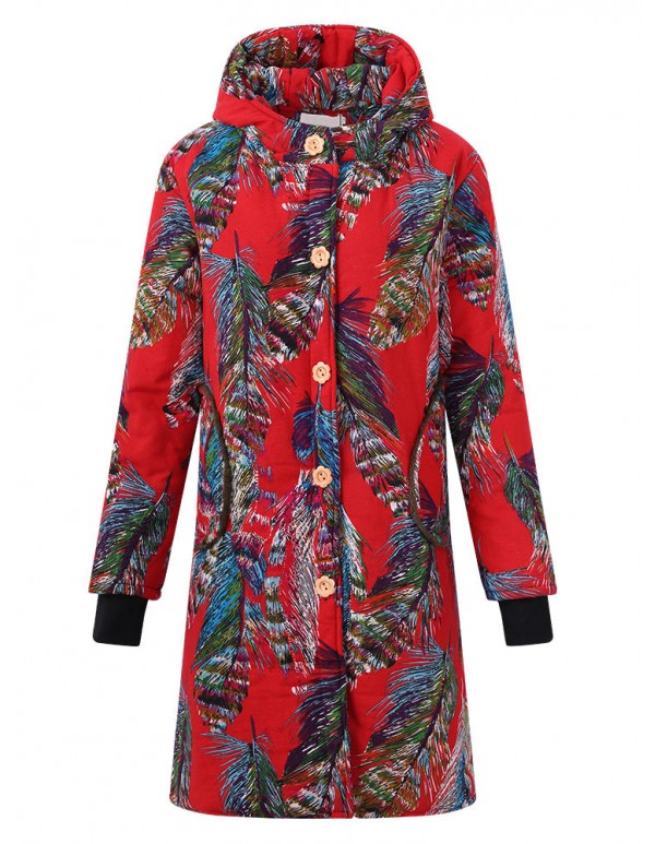 Women Cotton Fleece Thick Warm Coats Printed Long Casual Coat