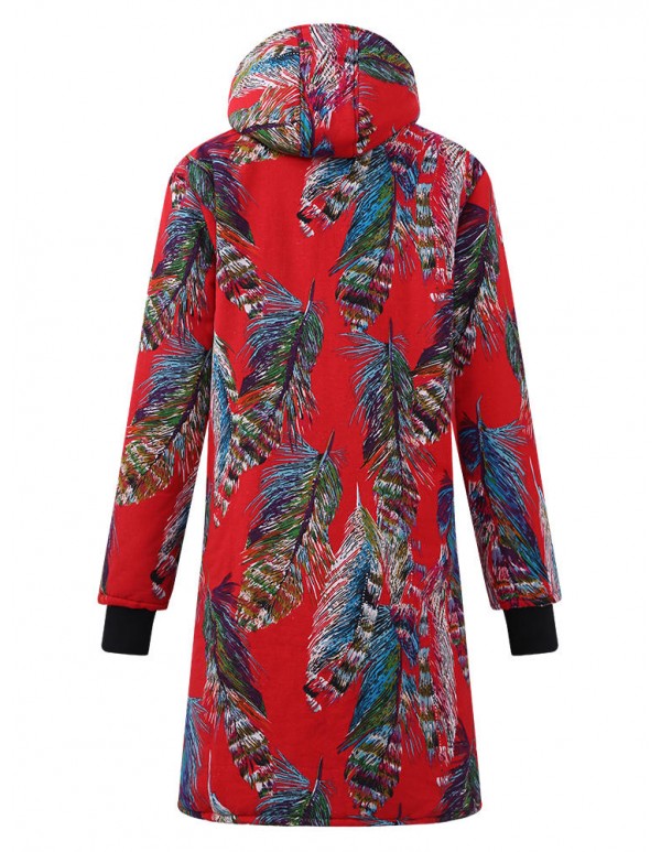 Women Cotton Fleece Thick Warm Coats Printed Long Casual Coat