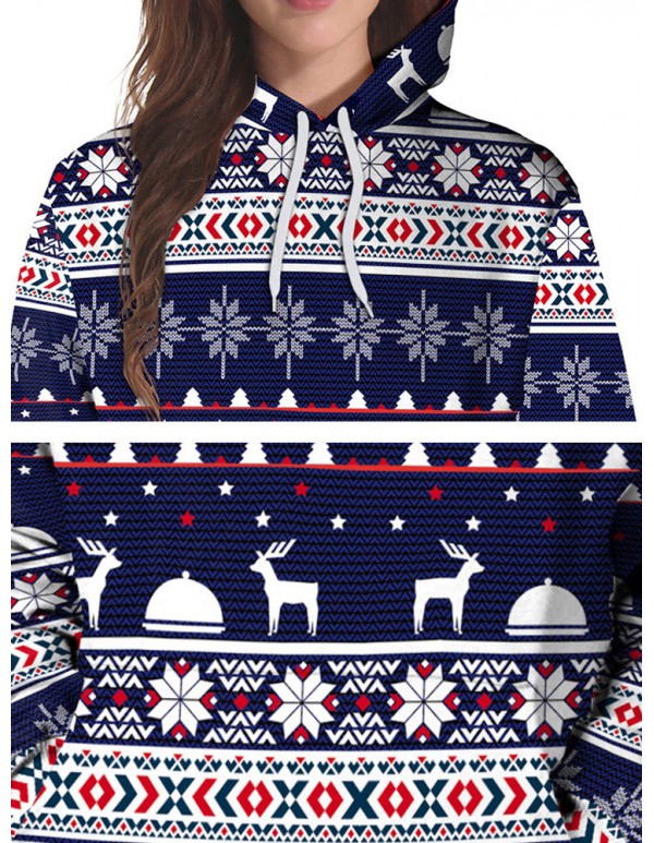Plus Size Casual Women Blue Christmas Hooded Sweatshirts