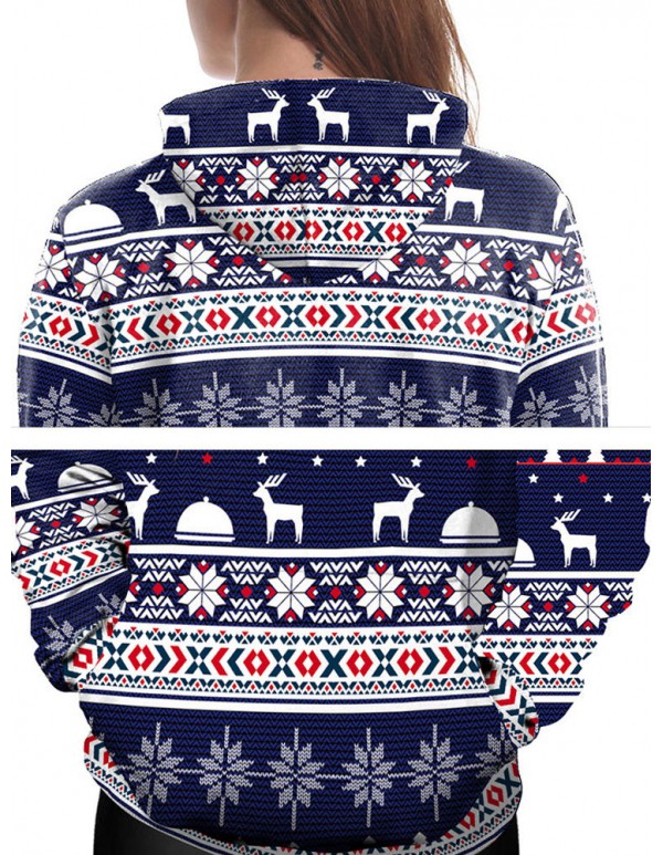 Plus Size Casual Women Blue Christmas Hooded Sweatshirts
