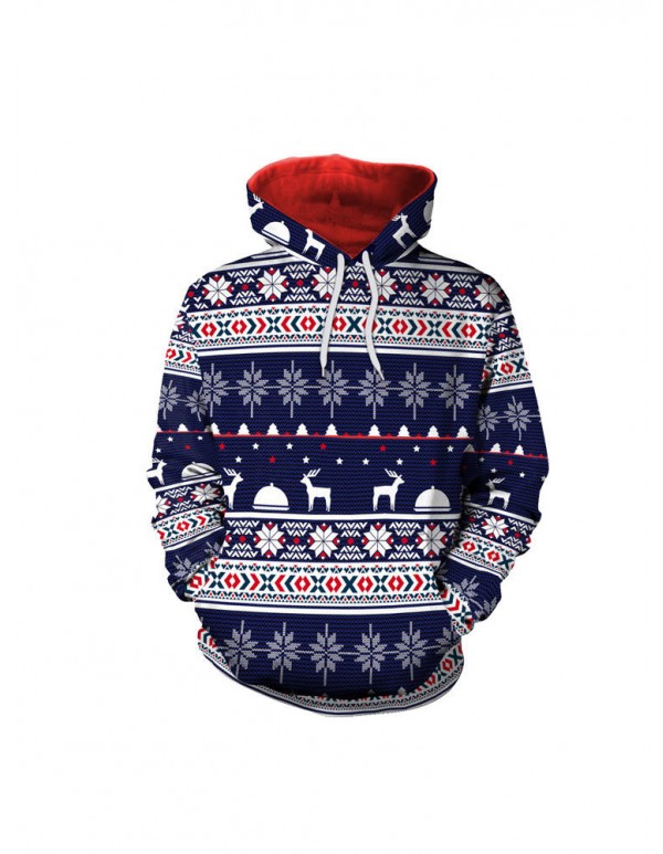 Plus Size Casual Women Blue Christmas Hooded Sweatshirts