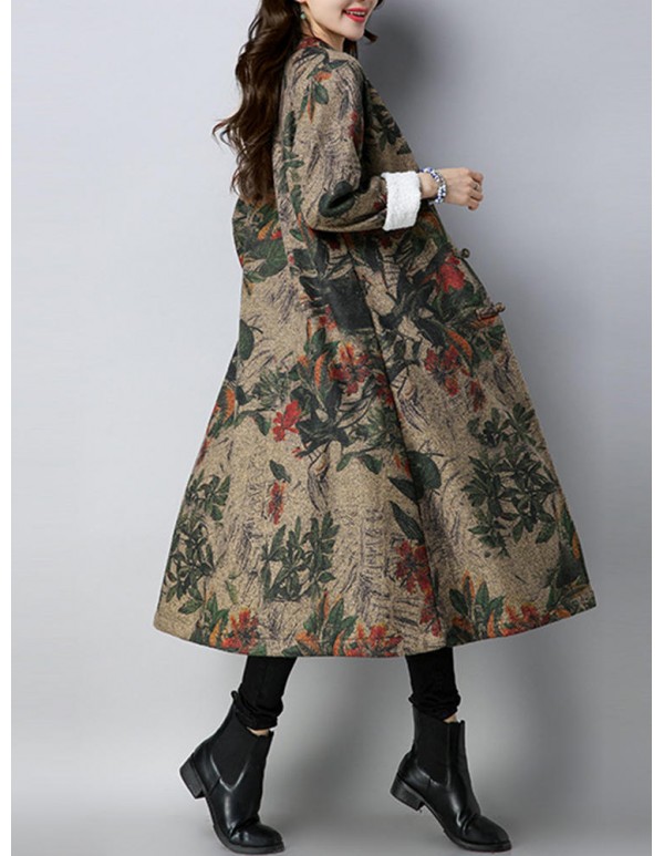 Vintage Women Floral Printed O-Neck Thick Coats