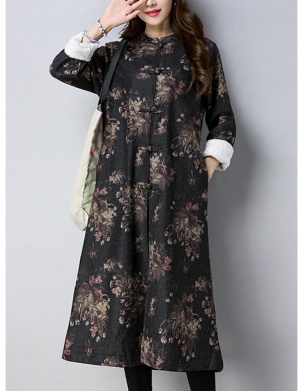 Vintage Women Floral Printed O-Neck Thick Coats