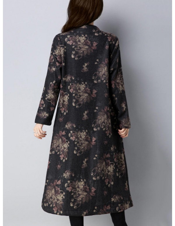 Vintage Women Floral Printed O-Neck Thick Coats