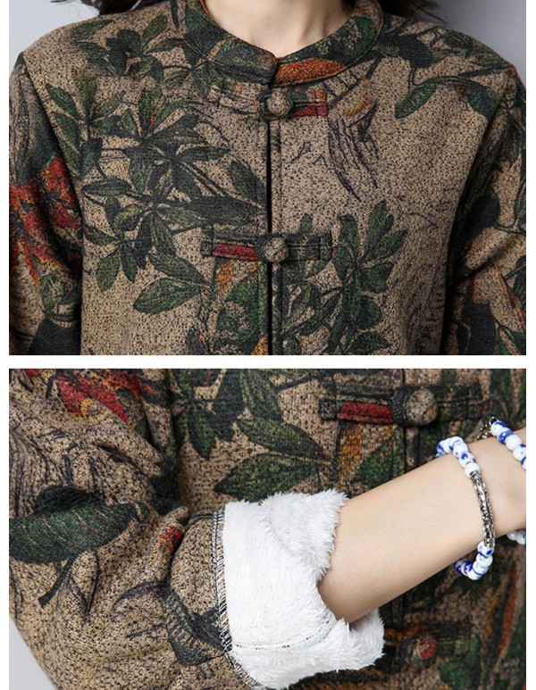Vintage Women Floral Printed O-Neck Thick Coats