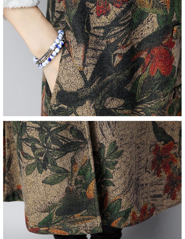 Vintage Women Floral Printed O-Neck Thick Coats