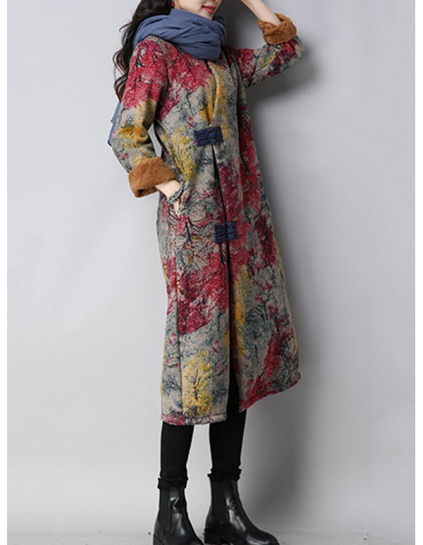 Vintage Women Floral Printed Thick Coats