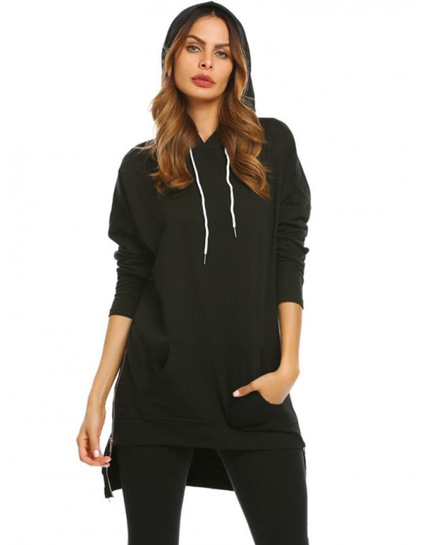 S-5XL Casual Women Hooded Pocket Side Zipper Sweatshirt