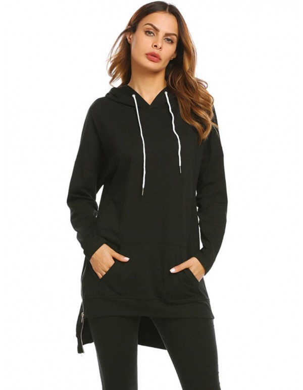 S-5XL Casual Women Hooded Pocket Side Zipper Sweatshirt