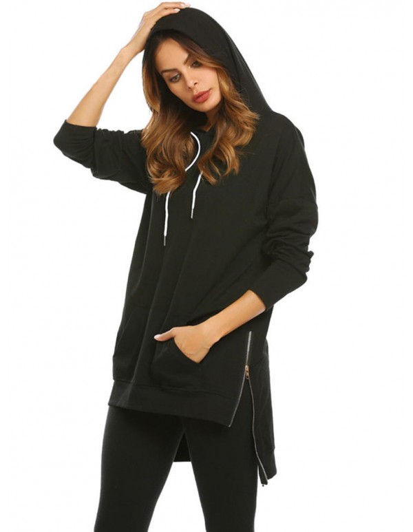 S-5XL Casual Women Hooded Pocket Side Zipper Sweatshirt