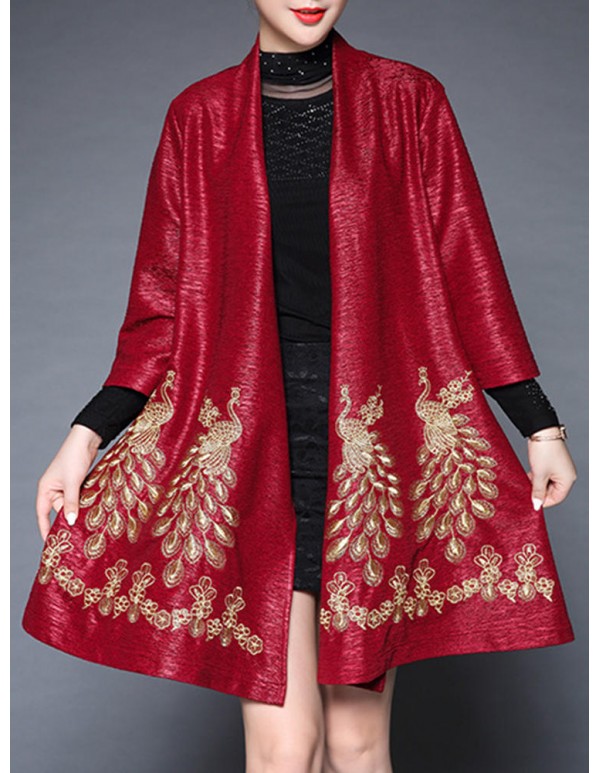 Plus Size Elegant Women Peacock Embroidery Cardigans