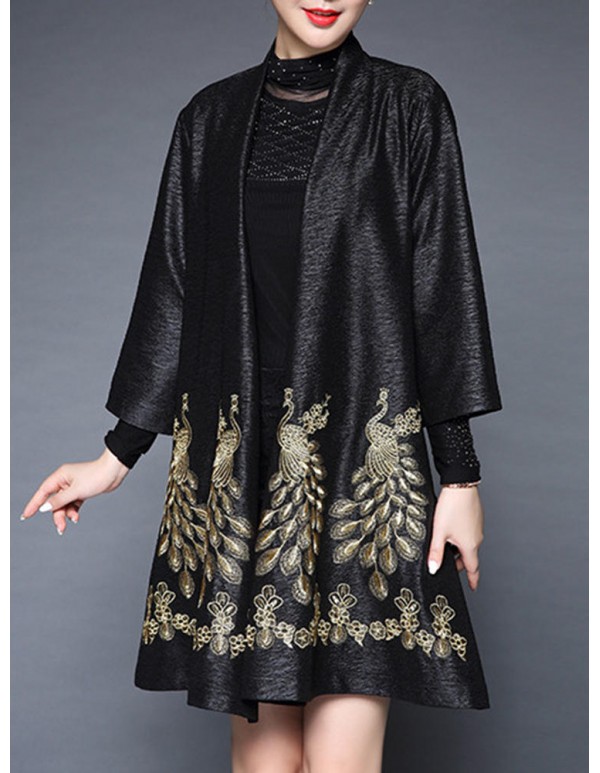 Plus Size Elegant Women Peacock Embroidery Cardigans